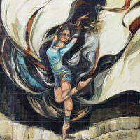 Dance of Soul acrylic painting featuring an Indian woman dancing in a flowing blue dress with dramatic swirling white and dark fabric in the background.