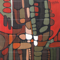 Abstract painting titled Endless Celebration featuring a mosaic of rounded, organic geometric shapes in earthy tones of terracotta, brown, olive green, and contrasting vibrant red and stark white accents.