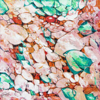Abstract geometric painting titled The Crystal Affair, featuring crystal-like fragments and mosaic shapes in vibrant emerald green, soft blush pink, rose, and warm terracotta tones.
