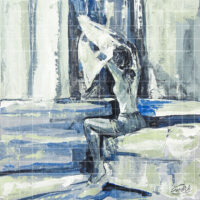 meeting-the-self.jpg fine art painting showing a figure from behind pulling a white shirt over their head, rendered in expressionist brushstrokes of blue, grey, and white.