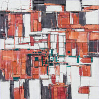 The Blazing Noon, an original abstract geometric painting featuring a grid layout of vibrant orange, terracotta, black, and white rectangular blocks with subtle teal accents.