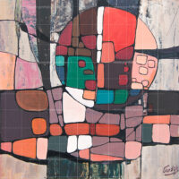 Abstract painting titled The Origin of Happiness featuring geometric stained-glass style shapes in red, teal, orange, and neutral tones.
