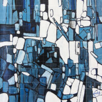 Abstract blue and white geometric mosaic painting titled A Breezy Morning, featuring contemporary block patterns and bold black lines for modern home decor.