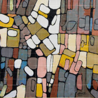 Abstract geometric painting titled The Cubic Garden featuring interlocking mosaic shapes in earthy tones, pink, yellow, and white with dark outlines. Original modern fine art available for purchase.