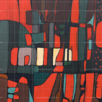 Abstract expressionist painting titled "Urban Celebration" featuring bold geometric shapes in vibrant red, deep teal, brown, and cream tones, evoking a lively city landscape.