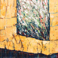 Abstract expressionist painting titled Window of Nature featuring a textured golden-yellow stone frame surrounding a vibrant window of green, white, and red brushstrokes.