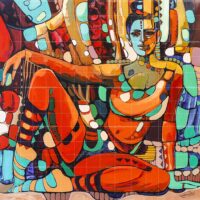 Vibrant cubist abstract painting of a belly dancer titled The Bananza by artist Gurdish Pannu, featuring bold red, teal, and orange geometric patterns on canvas.