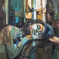 Abstract expressionist painting titled "The Blue Moon" featuring a serene woman sleeping or resting her head, bathed in cool blue, teal, and warm earthy tones under a large, pale, circular moon.