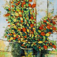 Colorful impressionist oil painting of a lush green, orange, and yellow leafy plant in a dark vase against a rustic blue and white wooden wall.