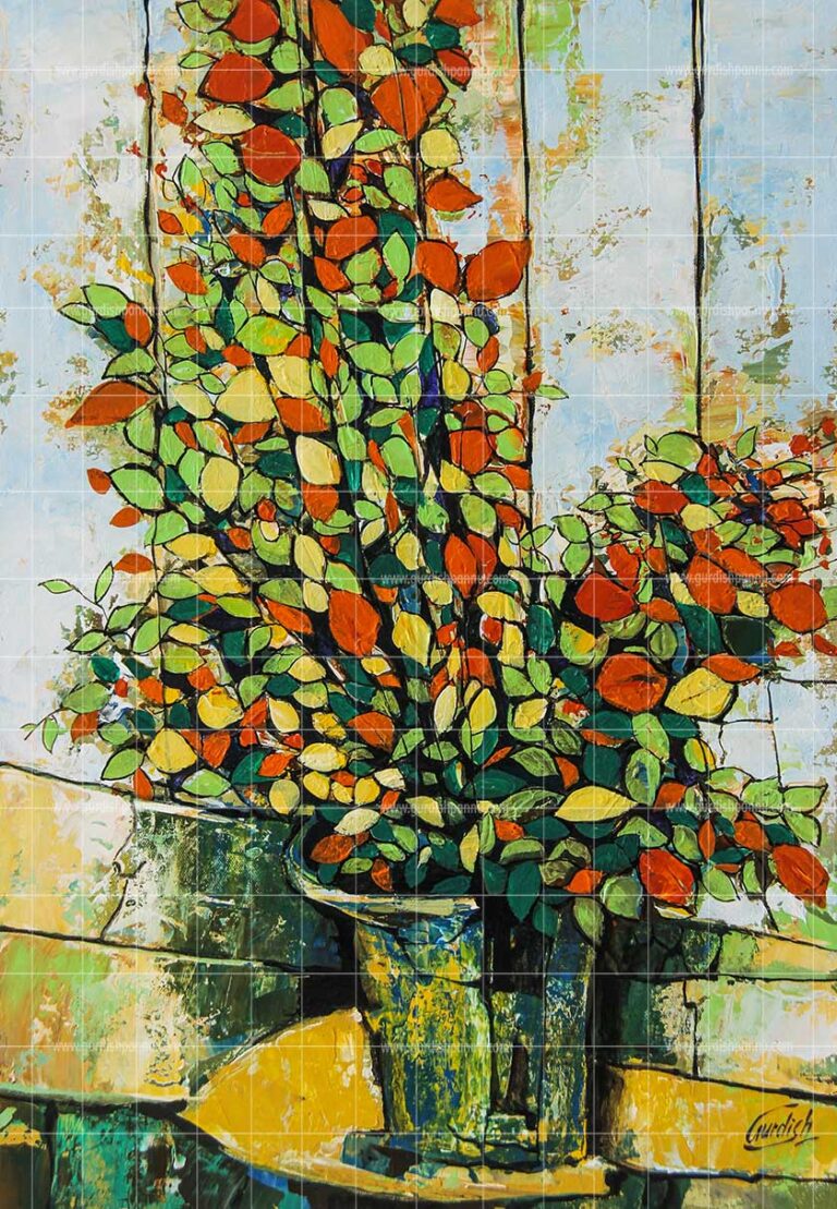 the essence of nature is a acrylic painting of a bunch of flowers and green leaves besides an open window.