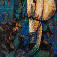 Abstract Buddha painting titled 'The Soulful Calmness' featuring textured modern art elements, a serene profile in warm orange and beige tones, set against a deep blue and green forest background.