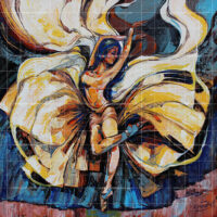 Expressionistic dance painting titled The Golden Balance, featuring a female dancer moving gracefully in a swirling yellow and gold dress against a deep blue background.