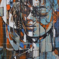 Contemporary abstract oil painting of a woman face intertwined with a full moon, featuring vertical fractured geometric patterns in blue, orange, and earth tones.