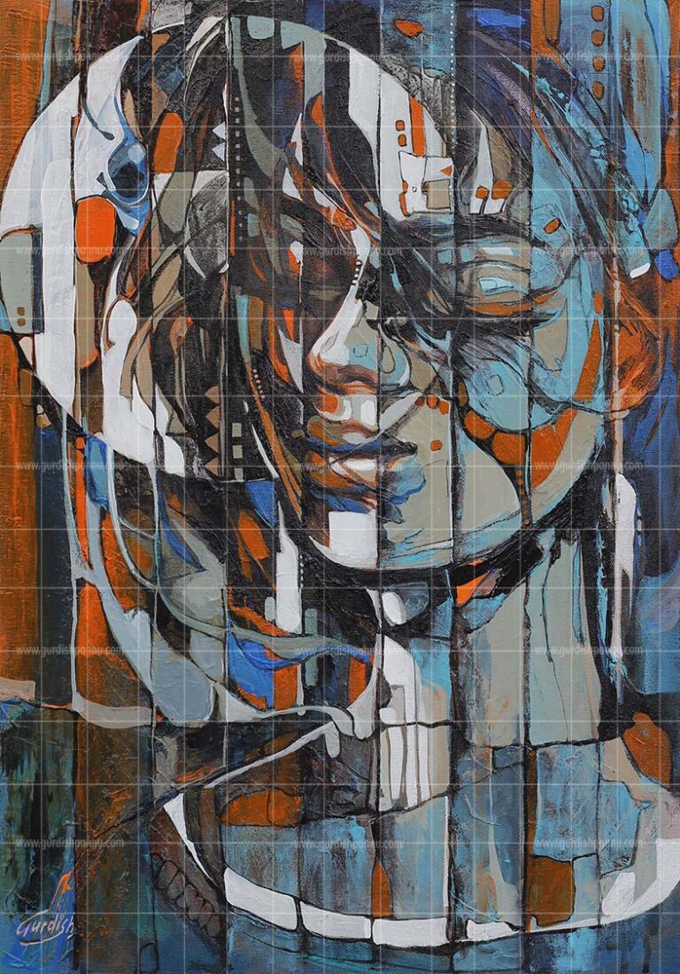 Contemporary abstract oil painting of a woman face intertwined with a full moon, featuring vertical fractured geometric patterns in blue, orange, and earth tones.