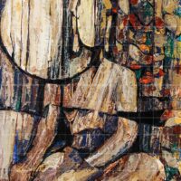Modern abstract Buddha painting in a meditative posture with a halo, featuring textured brushstrokes in earth tones, gold, and blue for a serene inner peace ambiance.