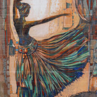 Abstract oil painting of a dancing woman titled The Union, featuring a female silhouette in a dynamic pose with a flowing, colorful skirt in shades of blue, green, and copper.