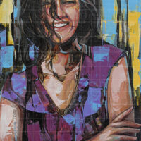 Vibrant contemporary expressionist portrait painting of a smiling woman with dark hair, titled The Smile, featuring bold purple, blue, and yellow palette knife strokes.
