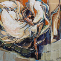 Expressionist fine art oil painting titled Dance paintings - The freedom, featuring a female ballet dancer leaping mid-air with flowing white fabric against a vibrant orange and earthy abstract background.