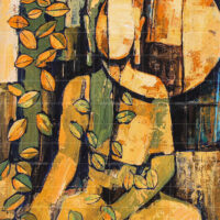 Abstract Buddha oil painting in meditation pose titled The Eternal Serenity featuring earthy tones and green leaves.