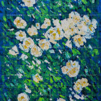 White and yellow flowers impressionist wall painting with vibrant blue and green background.