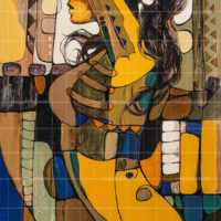 Abstract figurative painting of a woman styling her hair, featuring vibrant yellow, blue, and earthy geometric patterns in a modern cubist style.