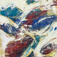 Abstract fish painting titled Sea Crystals featuring textured palette knife strokes of deep red, ocean blue, and teal on a cream background.