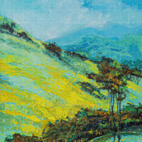 Vibrant impressionist landscape painting of Shimla hills with bright yellow and green slopes under a blue sky.