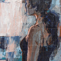 Impressionist textured palette knife painting of a woman with a ponytail looking out a window, featuring a soft pink, blue, and neutral color palette.