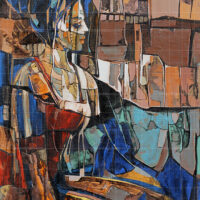 Abstract Cubist oil painting titled The Queen featuring a woman in profile with rich blue, terracotta, and gold geometric patterns.