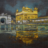 An oil painting of Sri Harmandir Sahib (The Golden Temple) or Darbar Sahib in Amritsar at night, showing the illuminated golden structure and its reflection in the holy sarovar water under a dark sky.