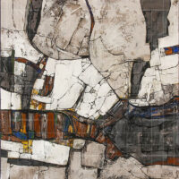 Abstract painting of Mount Fuji with cubist and geometric textures in white, grey, earth tones, and deep blue accents.