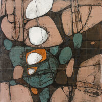 An abstract painting titled Sea Mount featuring organic, rounded pebble-like shapes in earthy pink, teal blue, vibrant orange, and stark white tones, divided by bold dark outlines on a textured grid background.