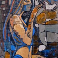 Modern abstract painting titled Talking Eyes featuring a woman in profile wearing a blue veil, interacting with a white bird against a stylized stone wall.