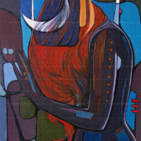 Abstract oil painting of a woman music lover with vibrant orange hair listening intently, featuring modern geometric shapes in blue, purple, and gold tones.