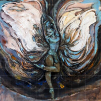 Angel Wings Acrylic Painting featuring an expressive female dancer with large canvas wings in shades of white, beige, brown, and blue accents.