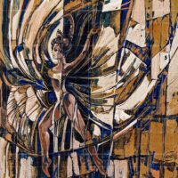 Textured abstract oil painting of a female belly dancer in motion, featuring wings, gold and blue tones, and a cubist art style.
