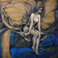 Guardian Angel Painting featuring a winged female figure sitting thoughtfully in a dramatic blue and gold expressionist abstract art style.