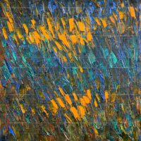 Abstract starry night nature painting featuring textured impasto brushstrokes of vibrant orange, deep blue, and teal greens.