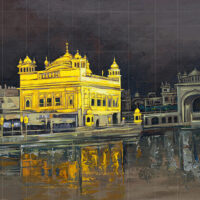 Impasto oil painting of the Golden Temple Amritsar at night with vibrant gold reflections in the water.