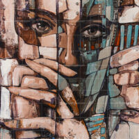 An original figurative art painting titled Twinkling Eyes, depicting a cubist style portrait of a person's face and hands fragmented into geometric mosaic tiles with warm earth tones and teal accents.