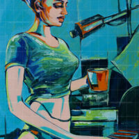 Dynamic music-woman painting featuring a colorful expressionist portrait of a woman playing a piano keyboard and holding a coffee mug in a music studio setting.