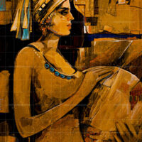 An original textured music painting titled The Drum Player, featuring a side profile of a female musician wearing a headwrap, holding a large traditional drum in warm earth tones.