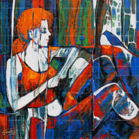 Abstract expressionist painting titled Woman with Bird, featuring a vibrant red-haired woman in an orange top surrounded by bold blue, red, and green geometric textures.