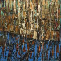 Abstract nature art painting featuring textured earth tones, brown and teal patterns, and a vibrant blue lower section with vertical grid lines.