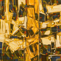 Abstract oil painting titled The Sunshine Painting featuring vibrant yellow, gold, blue, and earthy tones in a cubist geometric style.