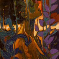 Expressionist oil painting titled The Woman and the Moon, featuring a side profile of a woman amidst purple leaves and a crescent moon in vibrant orange, teal, and gold tones.