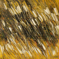 Golden wind abstract art painting featuring dynamic diagonal brushstrokes in gold, yellow, white, and dark earthy tones, evoking the movement of wind through a field.