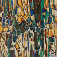 Modern nature art abstract painting with vibrant blue, green, and gold organic shapes resembling tree bark and stained glass.