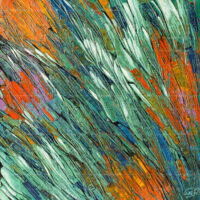 Thick impasto abstract wall painting featuring vibrant orange, teal, green, and blue palette knife textures.
