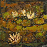 Abstract water lily oil painting featuring white lotus blossoms and green lily pads in an earthy bronze and brown pond.